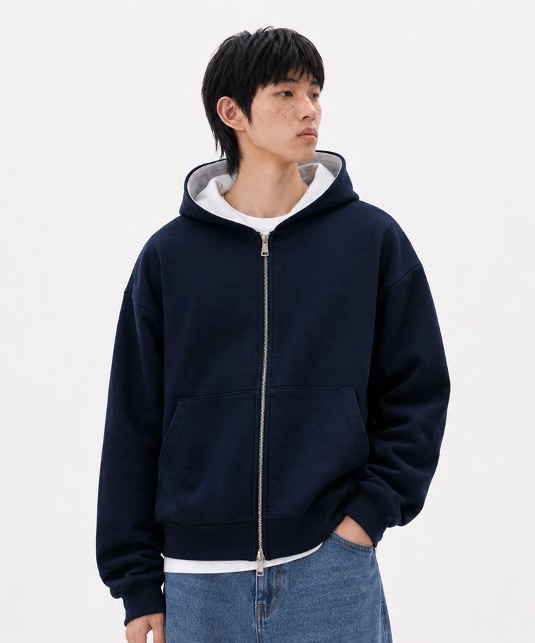 2WAY 세미 크롭 후드 집업 네이비