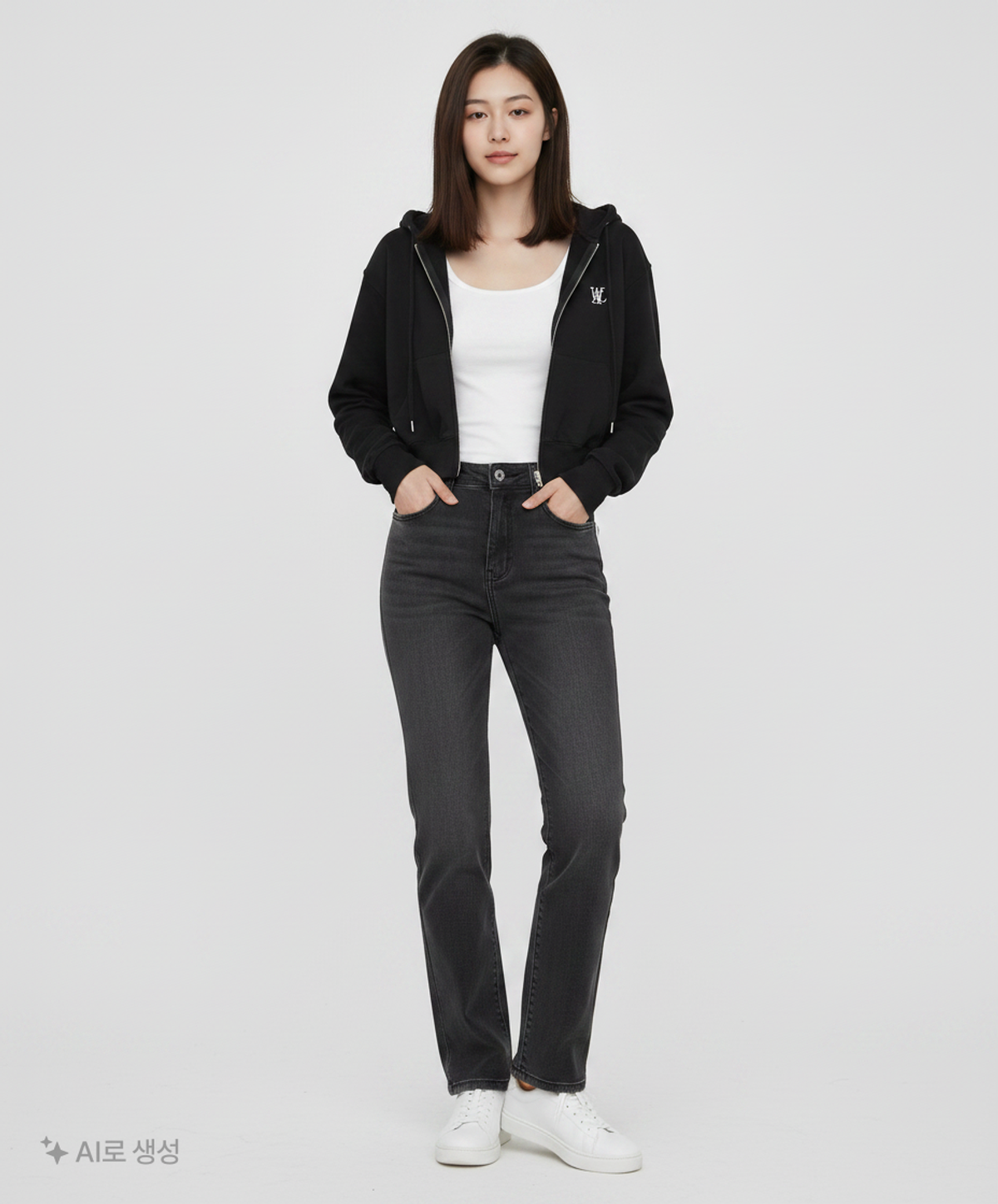 우알롱(WOOALONG) Signature crop hood zip-up - CHARCOAL S