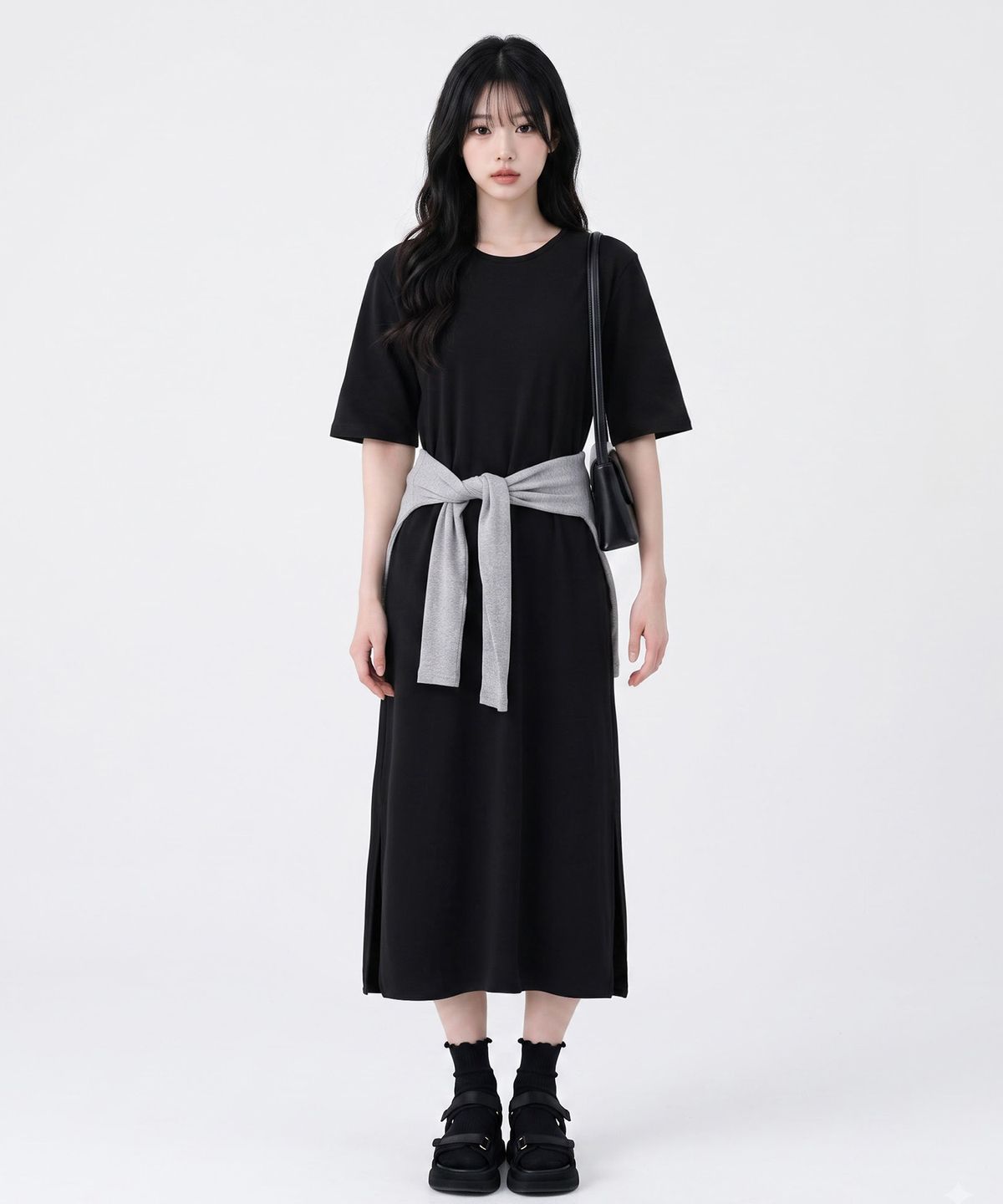 메종니아트(MAISON DE NEART) [LONG DRESS] 반팔 라운드넥 옆트임 특양면 롱 원피스_(3color)