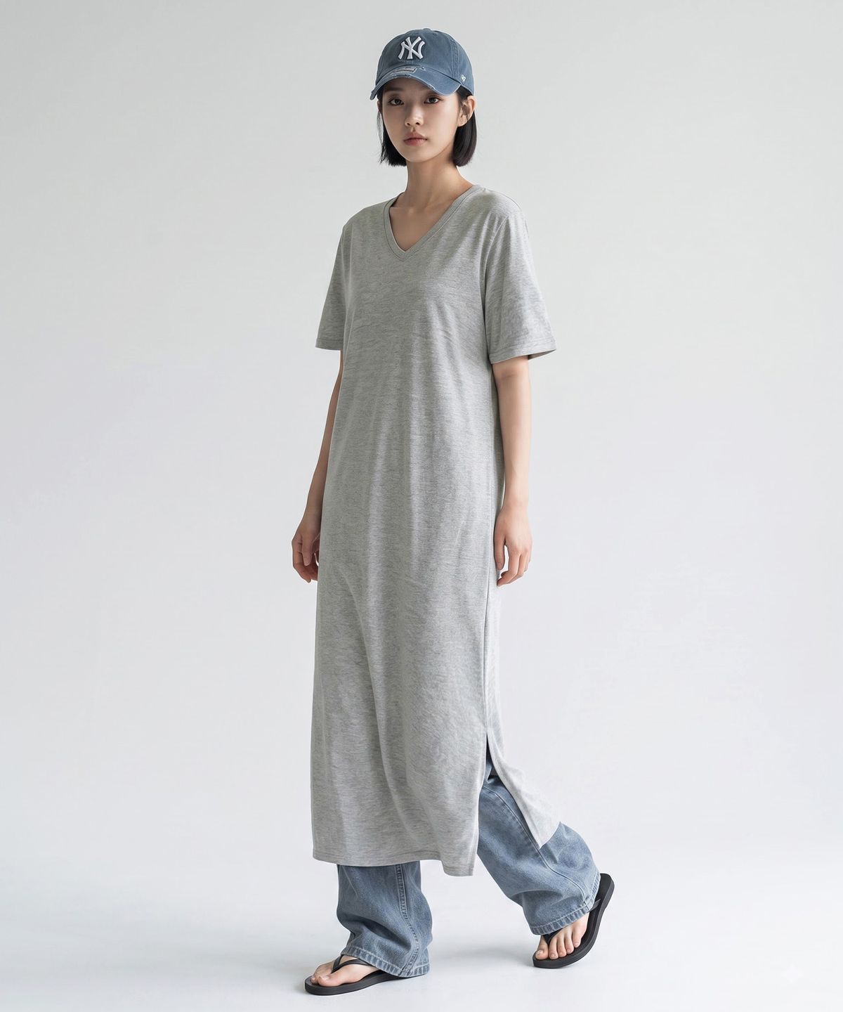 메종니아트(MAISON DE NEART) [LONG DRESS] 반팔 브이넥 옆트임 특양면 롱 원피스_(3color)