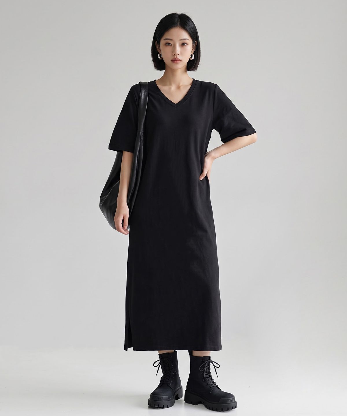 메종니아트(MAISON DE NEART) [LONG DRESS] 반팔 브이넥 옆트임 특양면 롱 원피스_(3color)