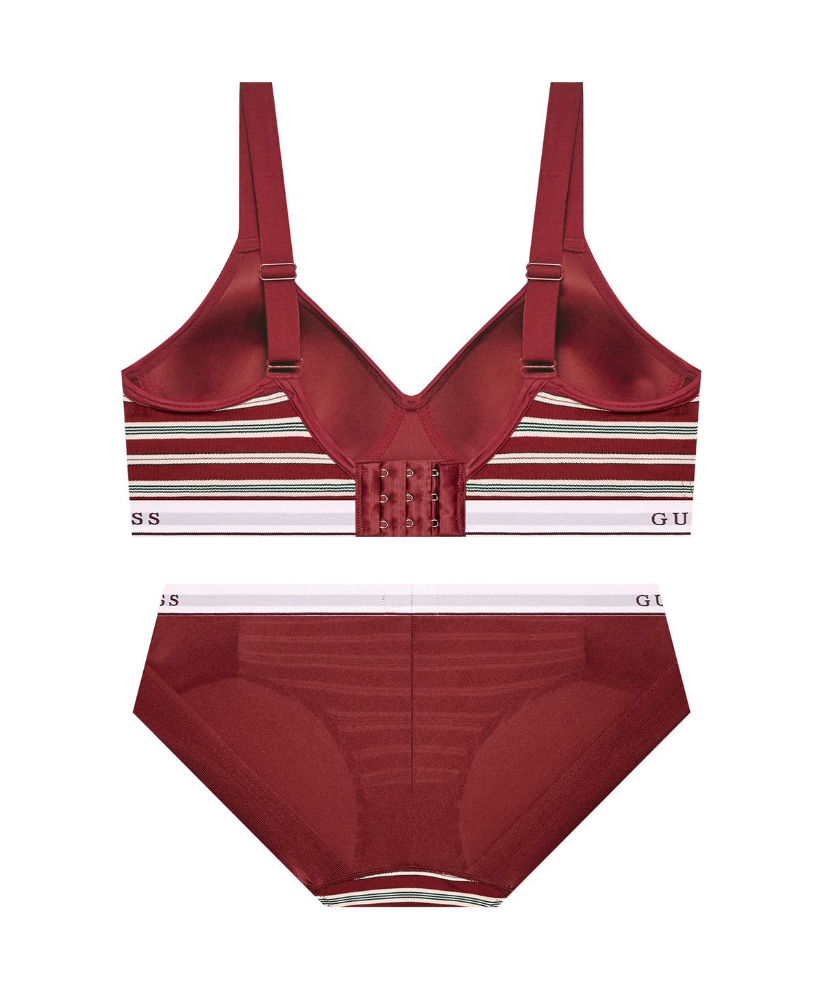 게스언더웨어(GUESS UNDERWEAR) 스트라이프 골지 노와이어 브라 팬티 세트 - 버건디