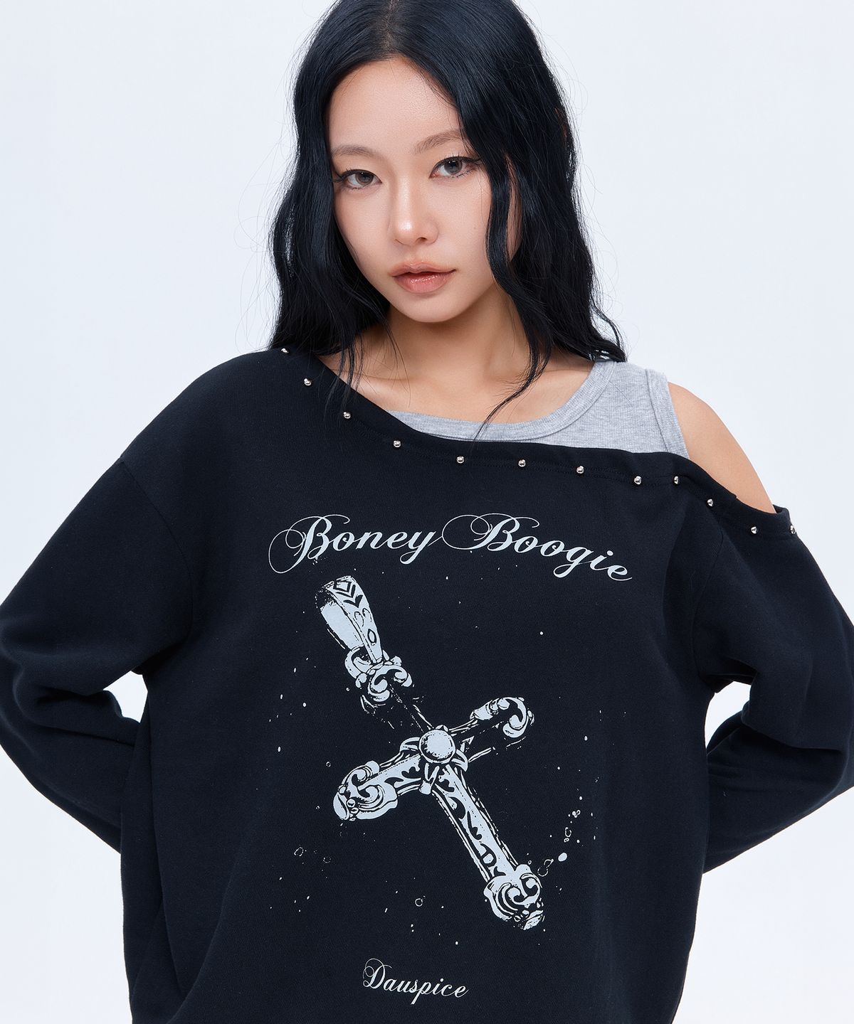 디오스피스(DAUSPICE) (DUC) BB Layered One-Shoulder Sweatshirt Black