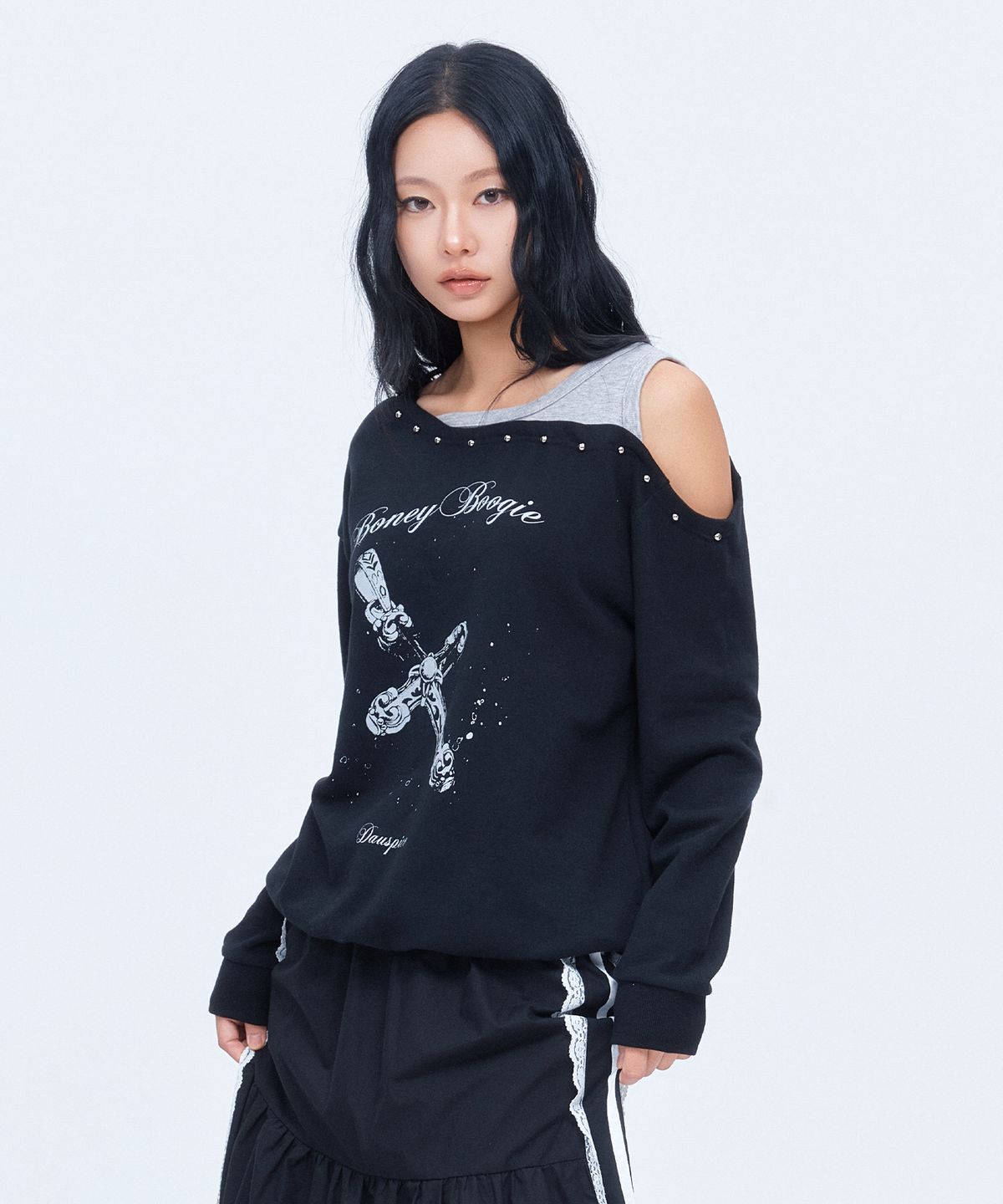 디오스피스(DAUSPICE) (DUC) BB Layered One-Shoulder Sweatshirt Black