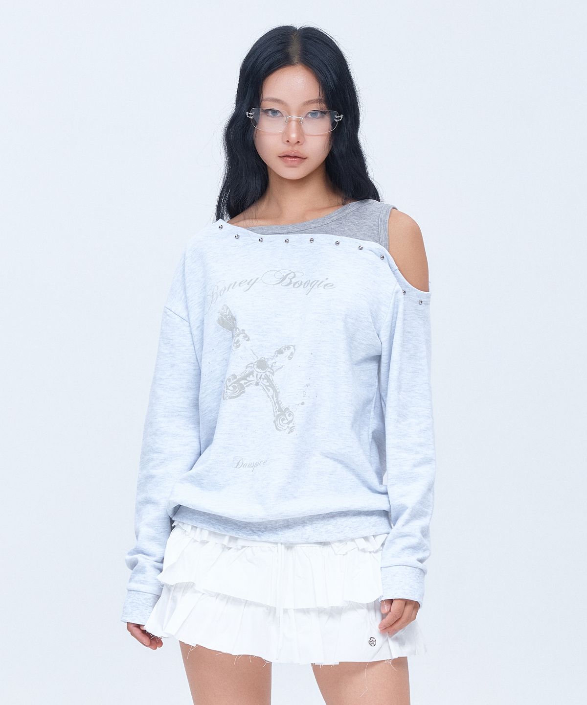 디오스피스(DAUSPICE) (DUC) BB Layered One-Shoulder Sweatshirt Light Grey