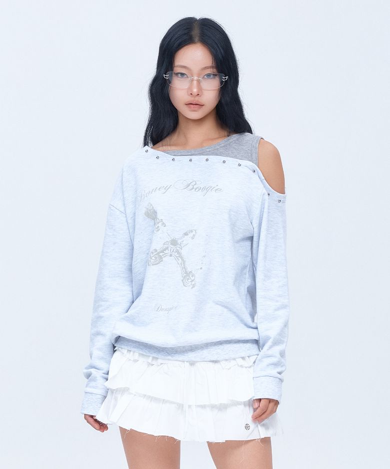 (DUC) BB Layered One-Shoulder Sweatshirt Light Grey