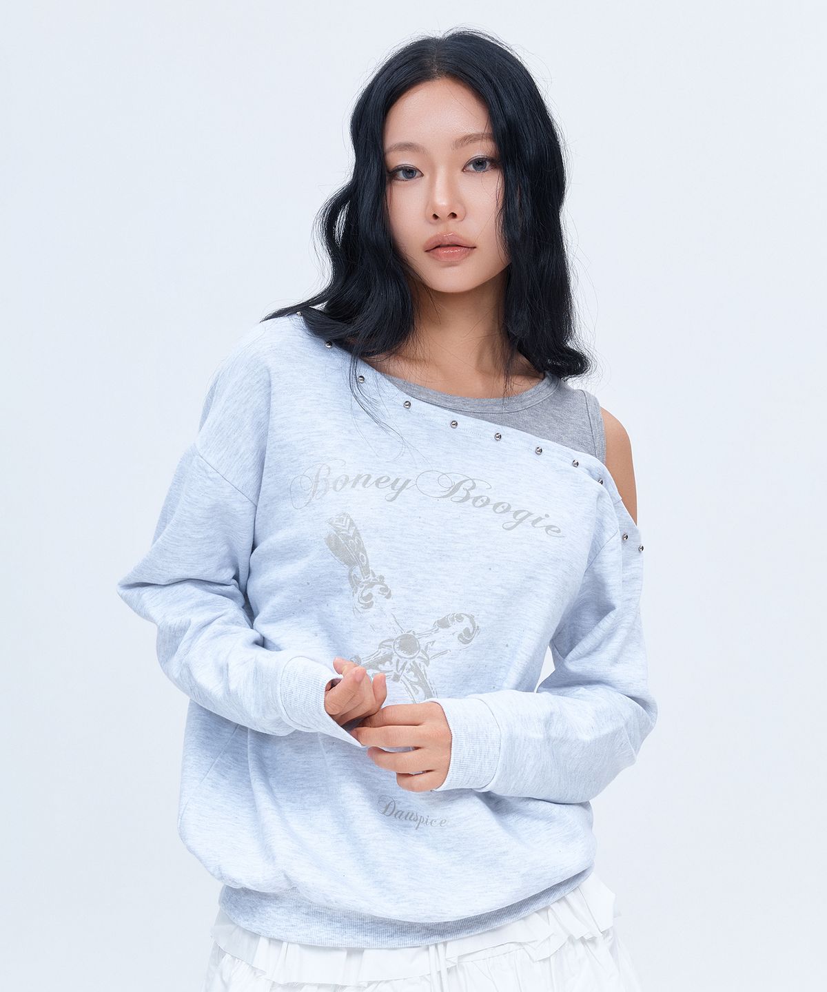 디오스피스(DAUSPICE) (DUC) BB Layered One-Shoulder Sweatshirt Light Grey