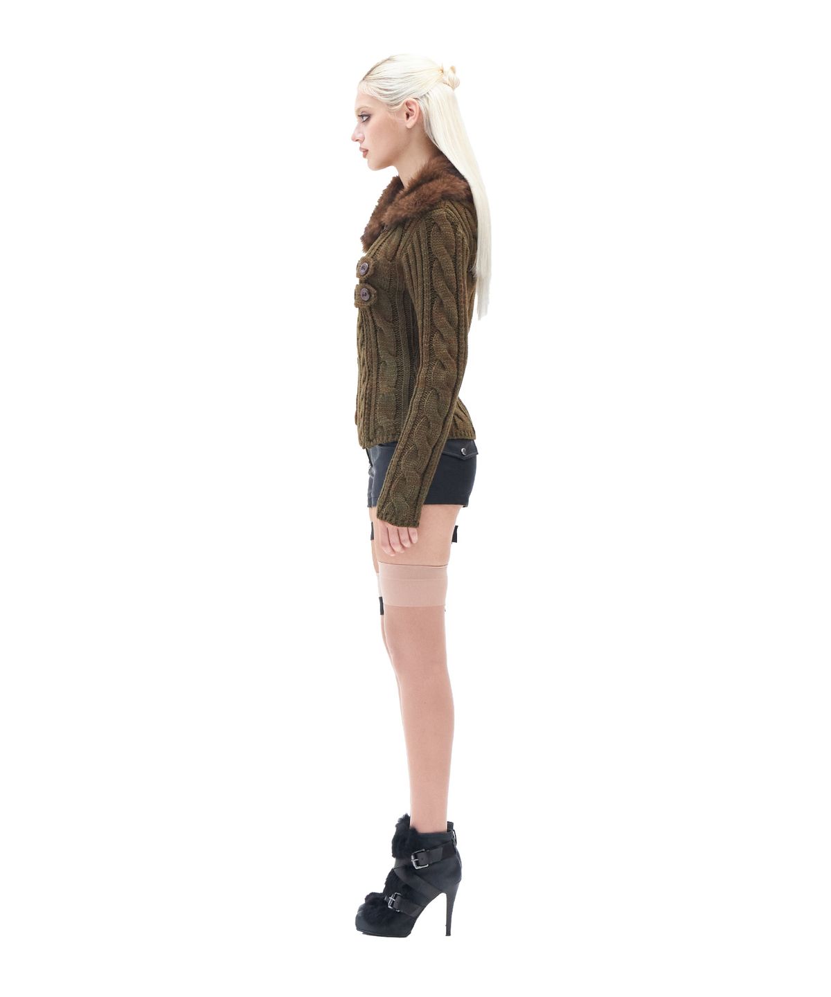 힐다(HILLDA) Fur Collar Trail Knit Zip-up [Khaki]