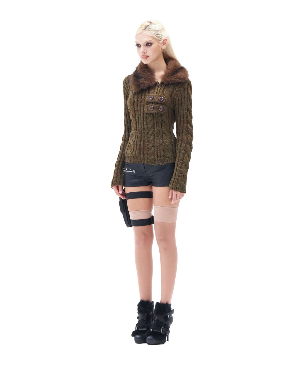 힐다(HILLDA) Fur Collar Trail Knit Zip-up [Khaki]