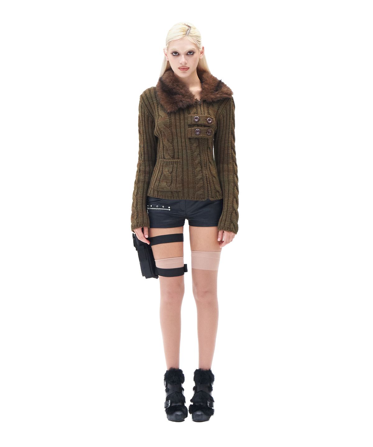 힐다(HILLDA) Fur Collar Trail Knit Zip-up [Khaki]