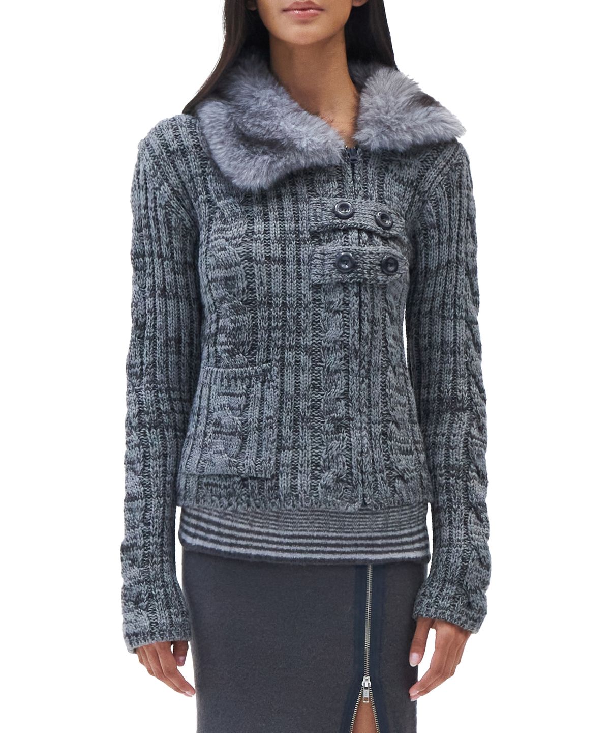힐다(HILLDA) Fur Collar Trail Knit Zip-up [Gray]