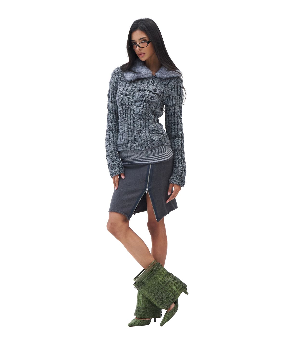 힐다(HILLDA) Fur Collar Trail Knit Zip-up [Gray]