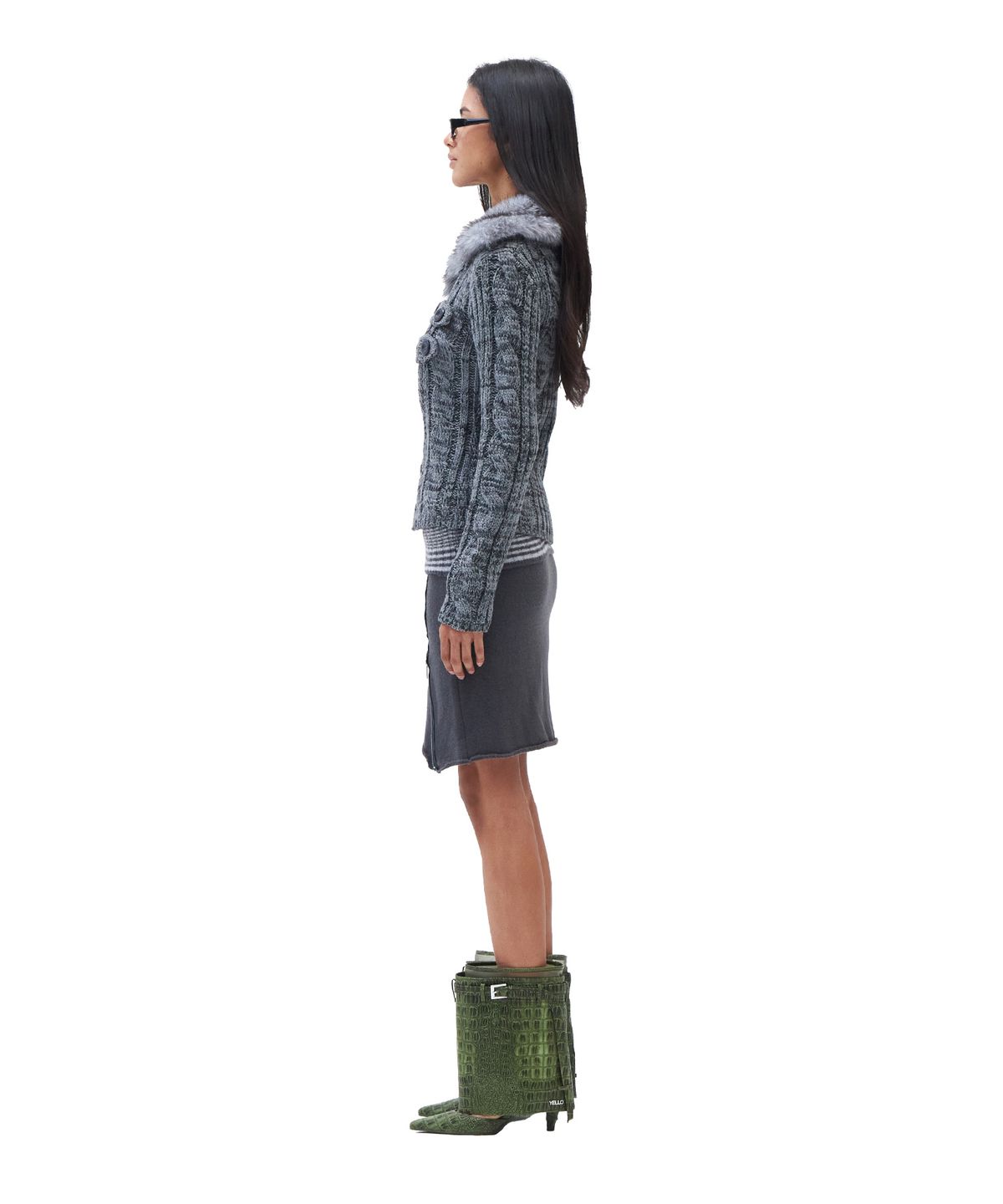 힐다(HILLDA) Fur Collar Trail Knit Zip-up [Gray]