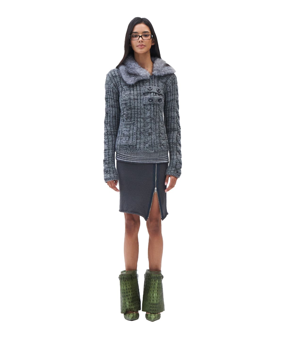 힐다(HILLDA) Fur Collar Trail Knit Zip-up [Gray]