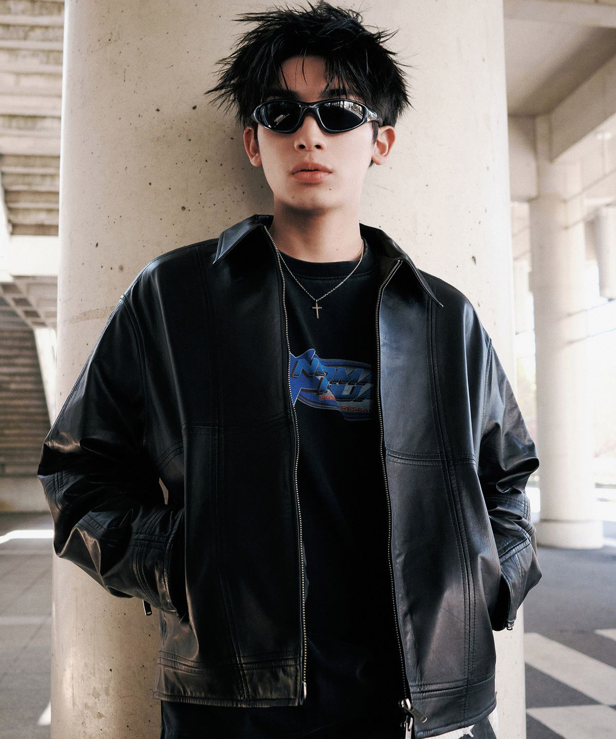 노매뉴얼(NOMANUAL) LINE LEATHER JACKET - BLACK