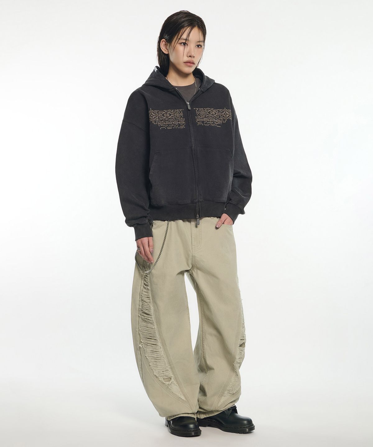 노매뉴얼(NOMANUAL) D.P HOODED ZIP-UP - WASHED BLACK