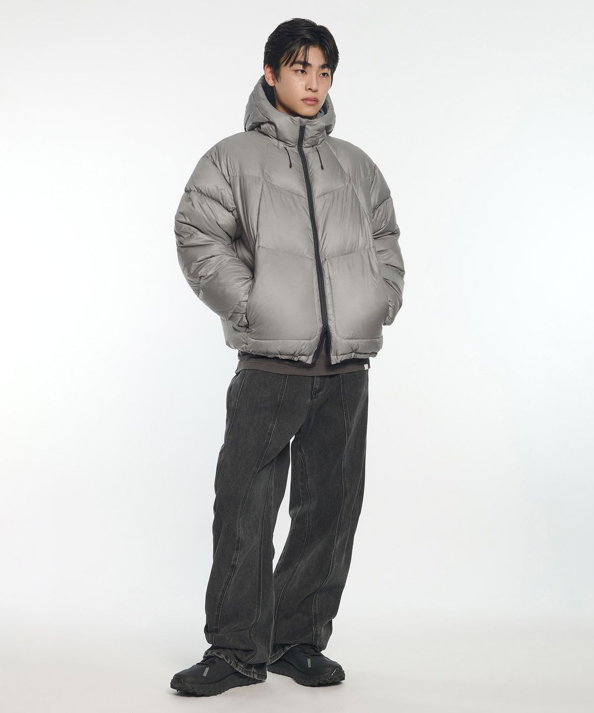 노매뉴얼(NOMANUAL) SLANT CROP HOODED DUCK DOWN - CHARCOAL