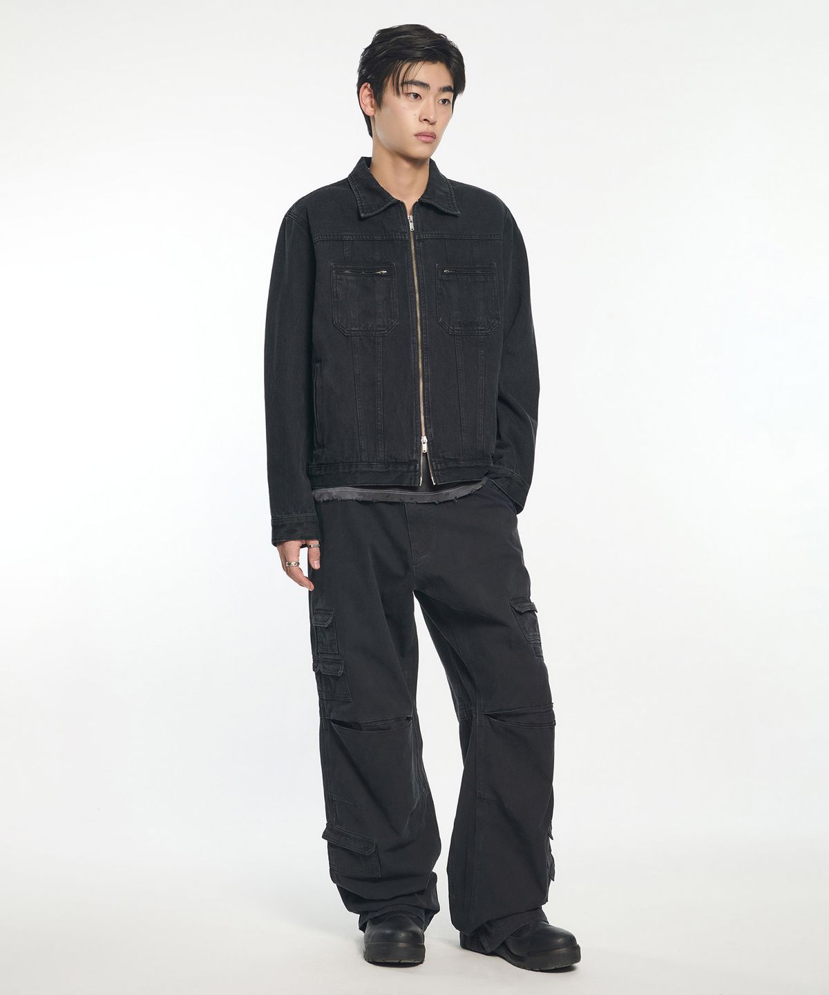 노매뉴얼(NOMANUAL) DENIM TRUCKER ZIP JACKET - WASHED BLACK