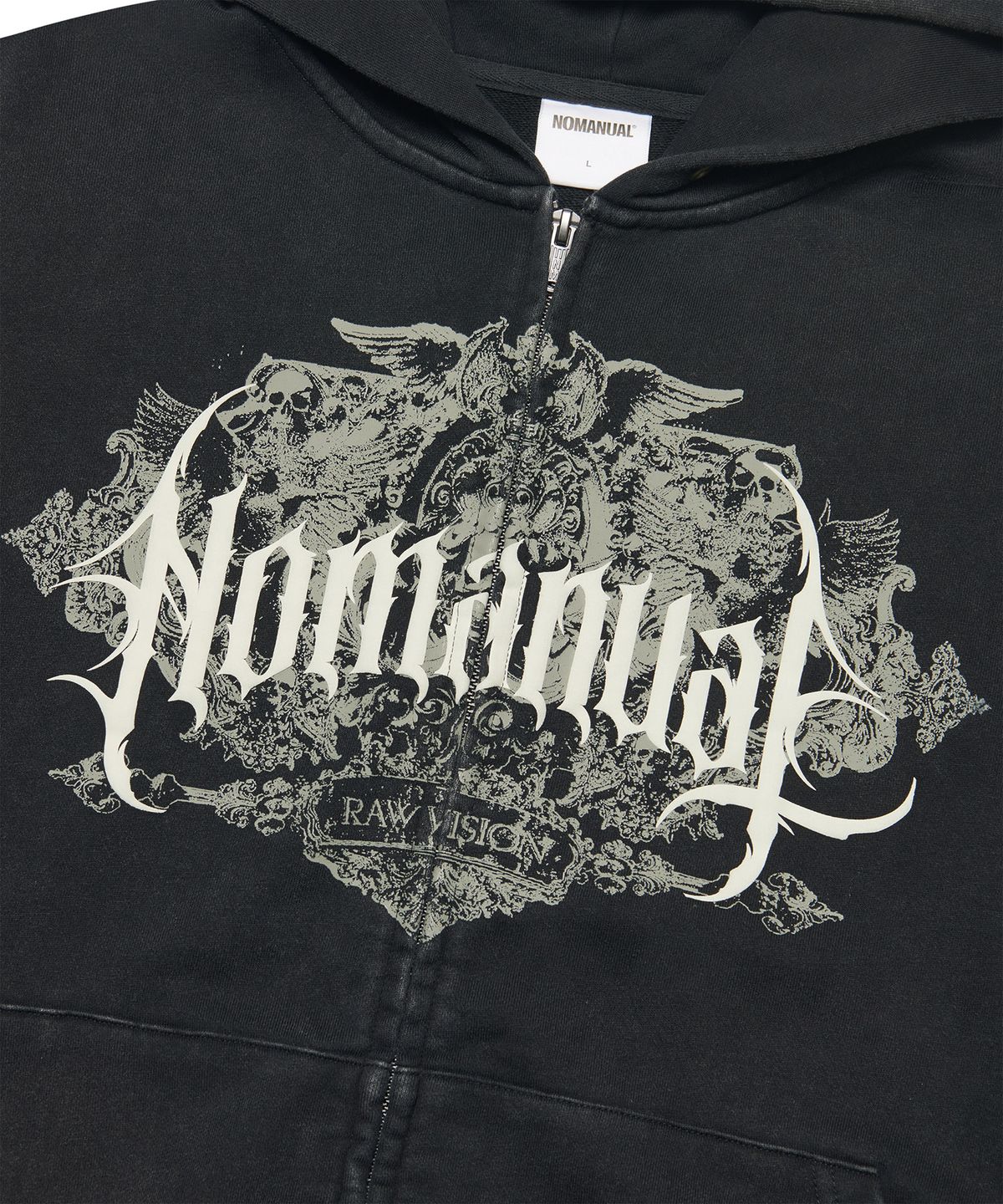 노매뉴얼(NOMANUAL) DARK CREST HOODED ZIP-UP - WASHED BLACK