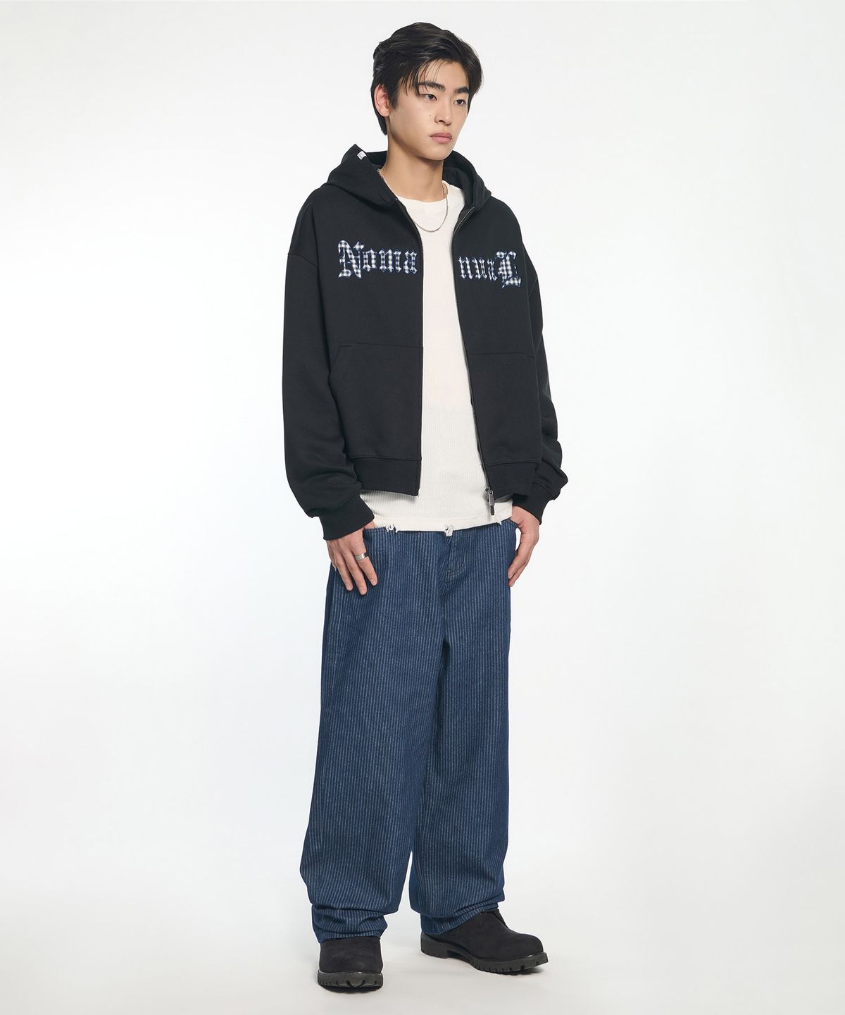 노매뉴얼(NOMANUAL) GOTHIC CHECK PATCH HOODED ZIP-UP - BLACK