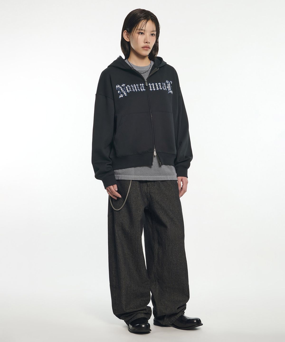 노매뉴얼(NOMANUAL) GOTHIC CHECK PATCH HOODED ZIP-UP - BLACK