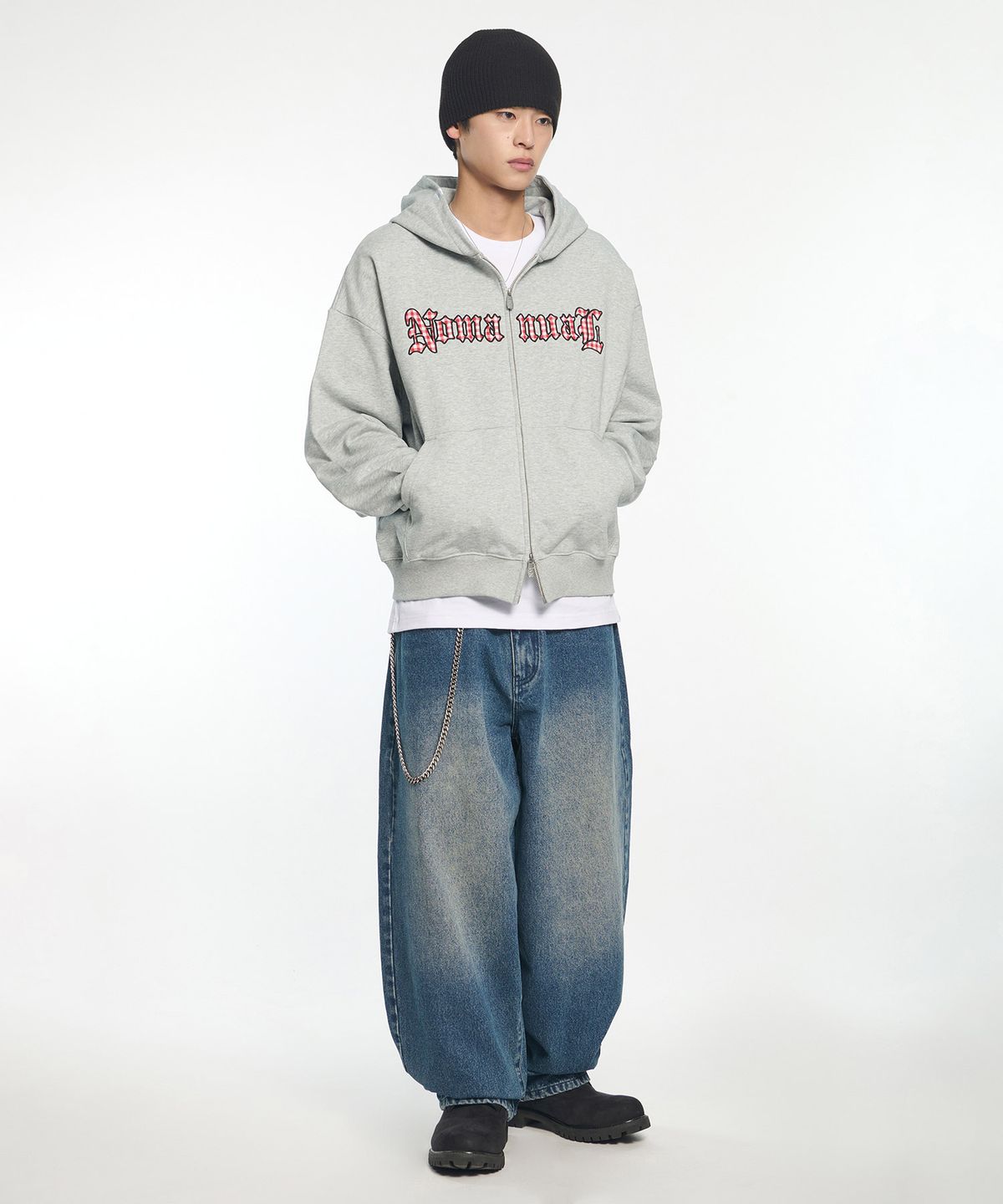 노매뉴얼(NOMANUAL) GOTHIC CHECK PATCH HOODED ZIP-UP - MELANGE