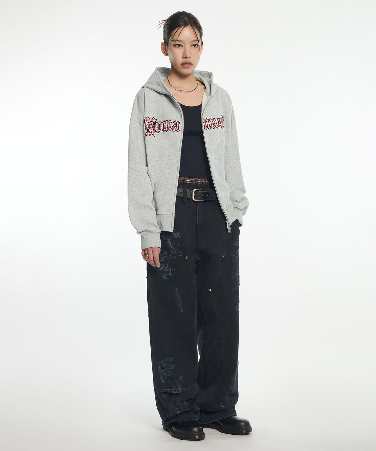 노매뉴얼(NOMANUAL) GOTHIC CHECK PATCH HOODED ZIP-UP - MELANGE