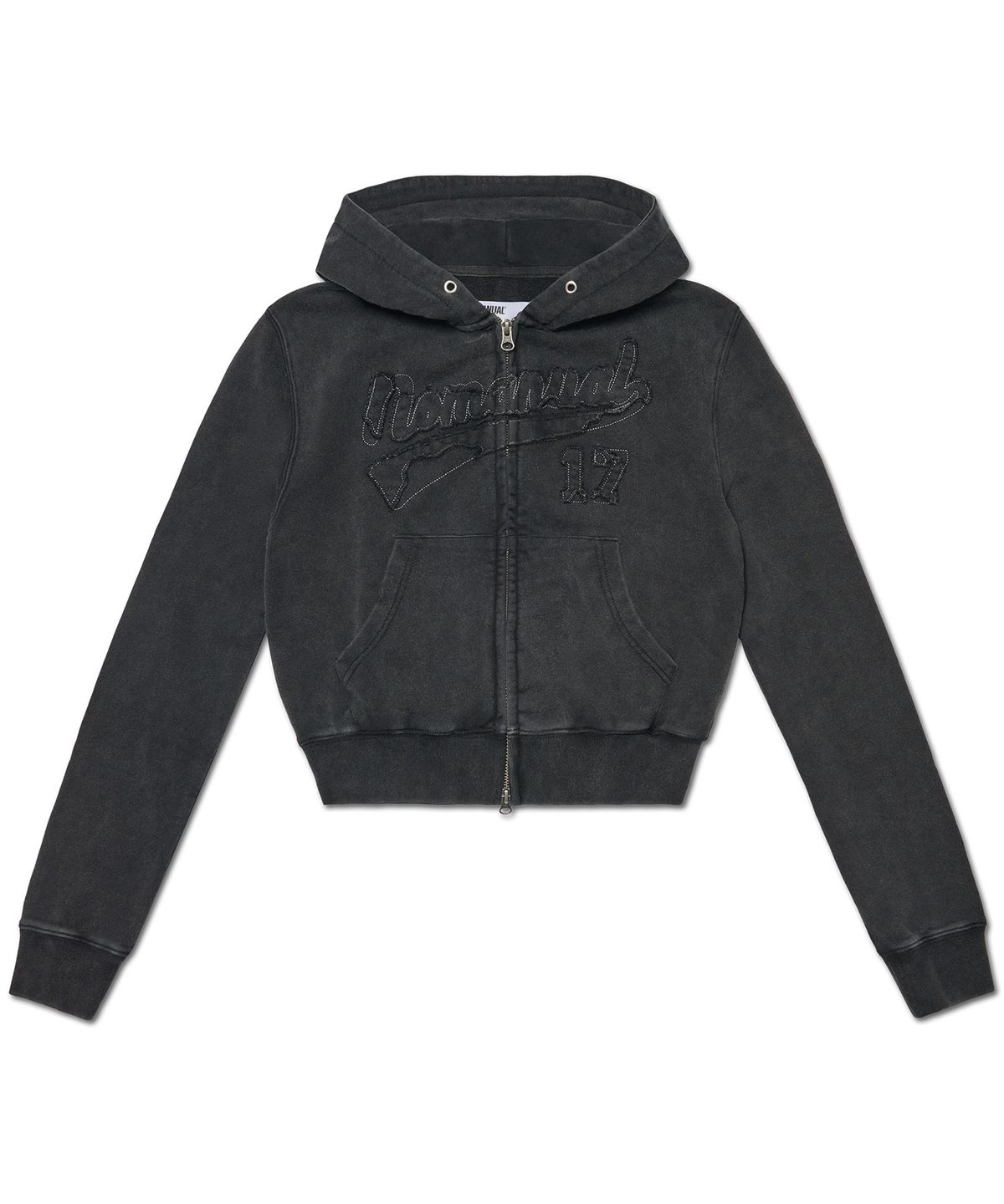 노매뉴얼(NOMANUAL) APPLIQUE HOODED ZIP-UP - WASHED BLACK
