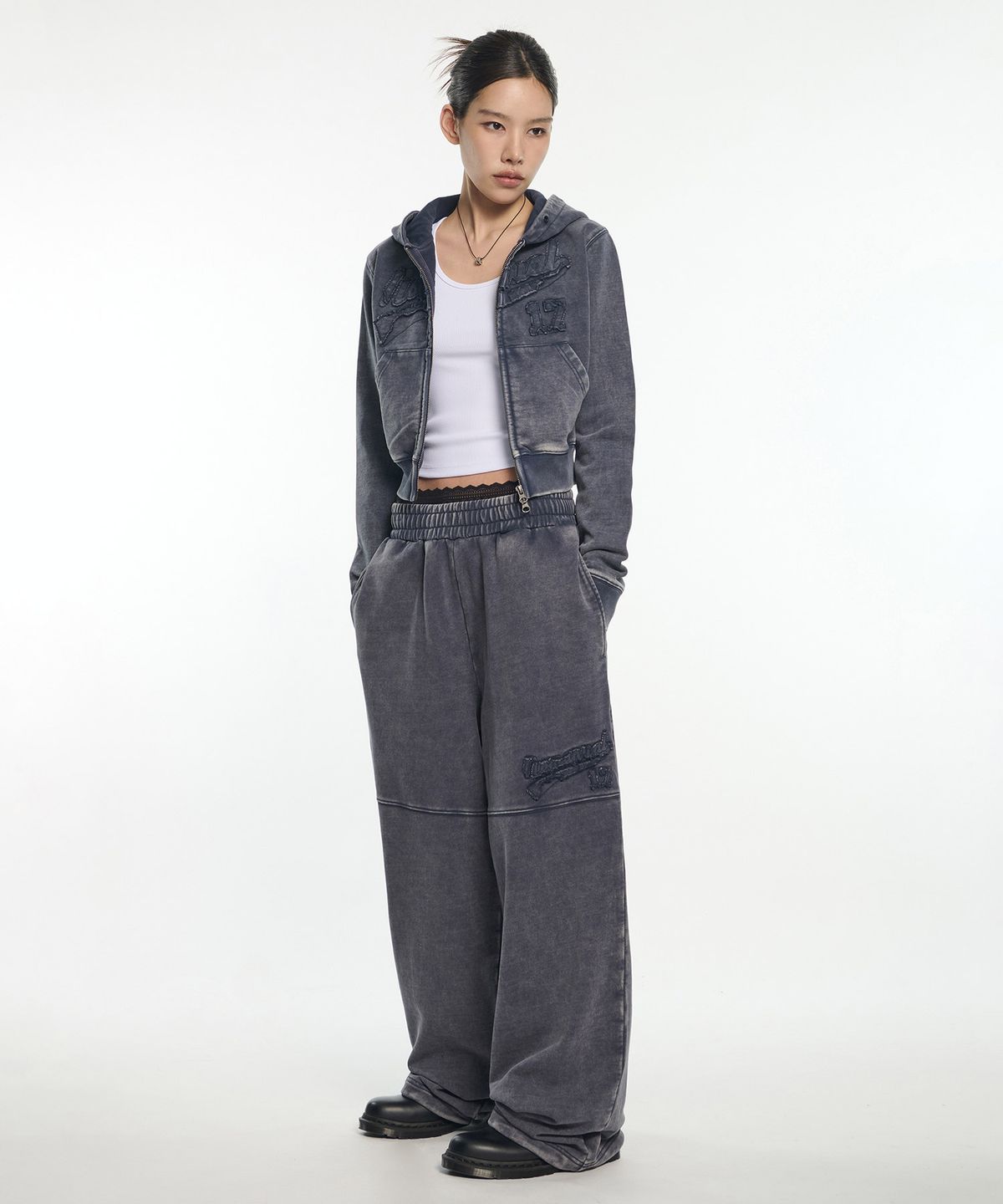 노매뉴얼(NOMANUAL) APPLIQUE HOODED ZIP-UP - WASHED NAVY