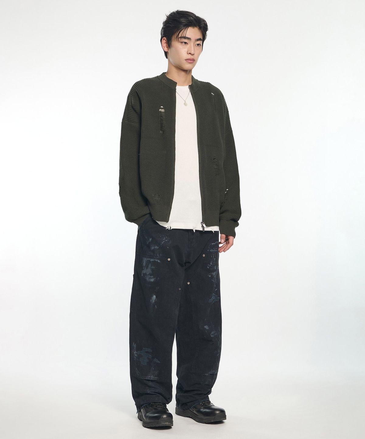 노매뉴얼(NOMANUAL) DESTROYED KNIT ZIP-UP - KHAKI