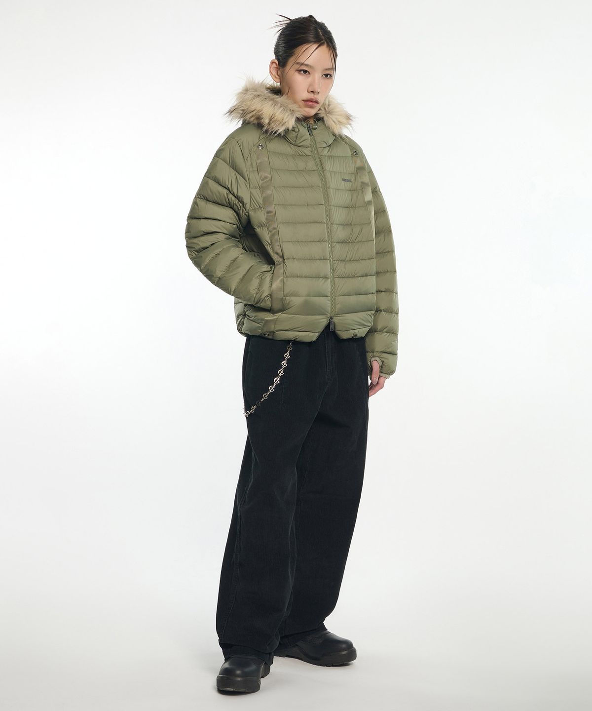 노매뉴얼(NOMANUAL) FUR HOODED LIGHT DUCK DOWN - KHAKI GRAY