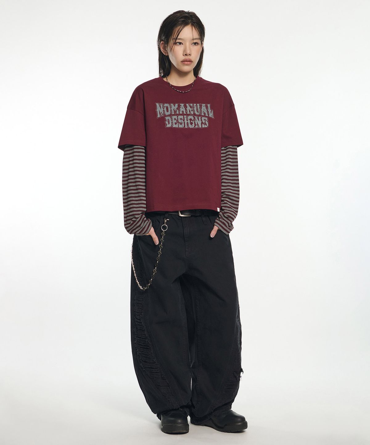 노매뉴얼(NOMANUAL) PANEL DESTROYED PANTS - BLACK