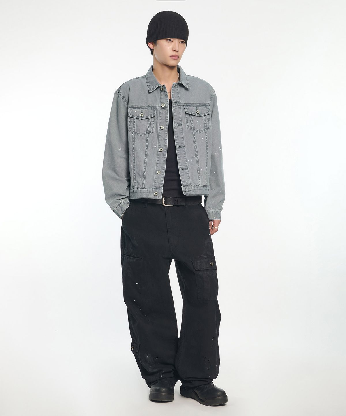 노매뉴얼(NOMANUAL) SPLATTER CARGO PANTS - WASHED BLACK