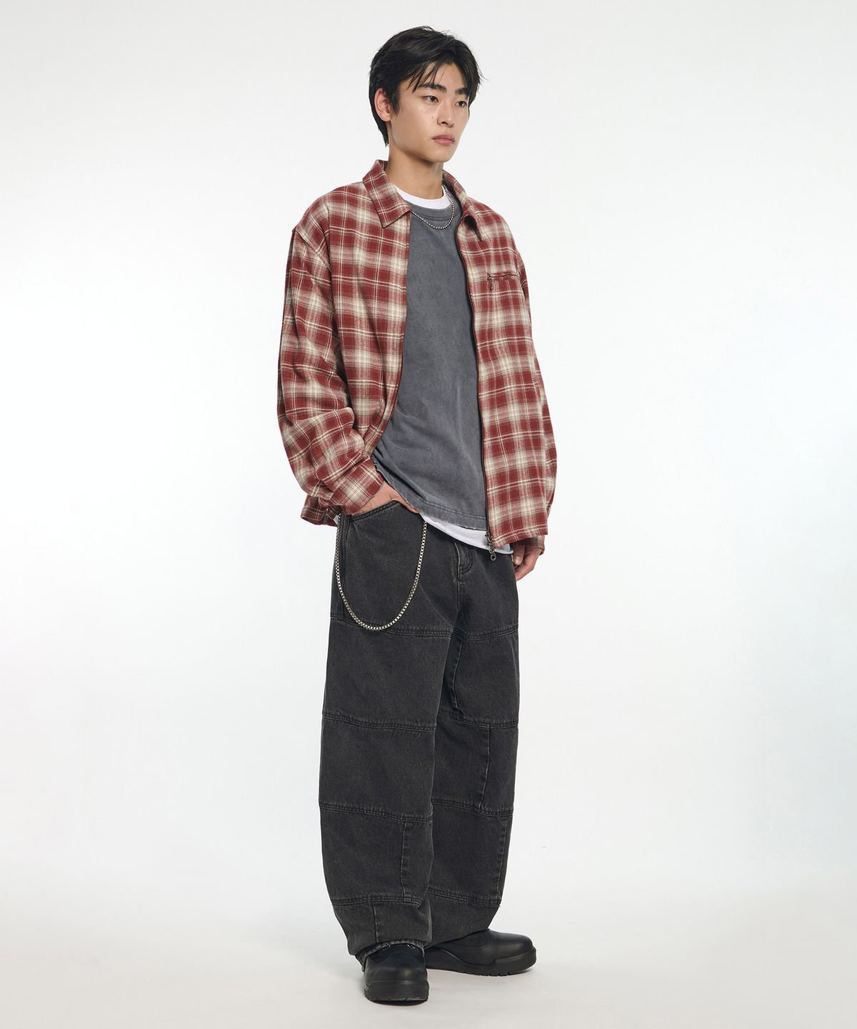 노매뉴얼(NOMANUAL) FLANNEL FULL ZIP CHECK SHIRT - BURGUNDY
