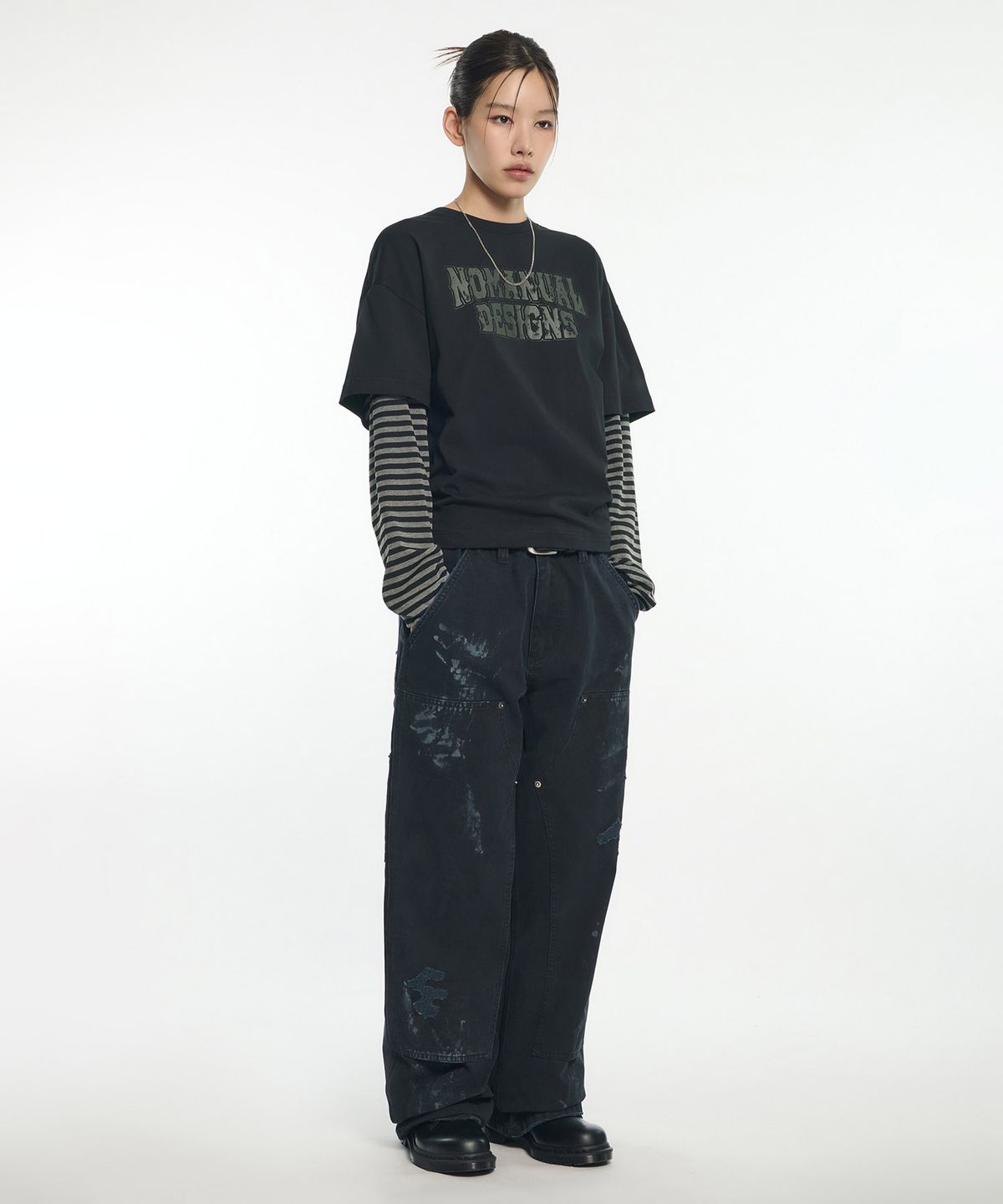 노매뉴얼(NOMANUAL) STRIPE LAYERED LONG SLEEVE TEE - BLACK