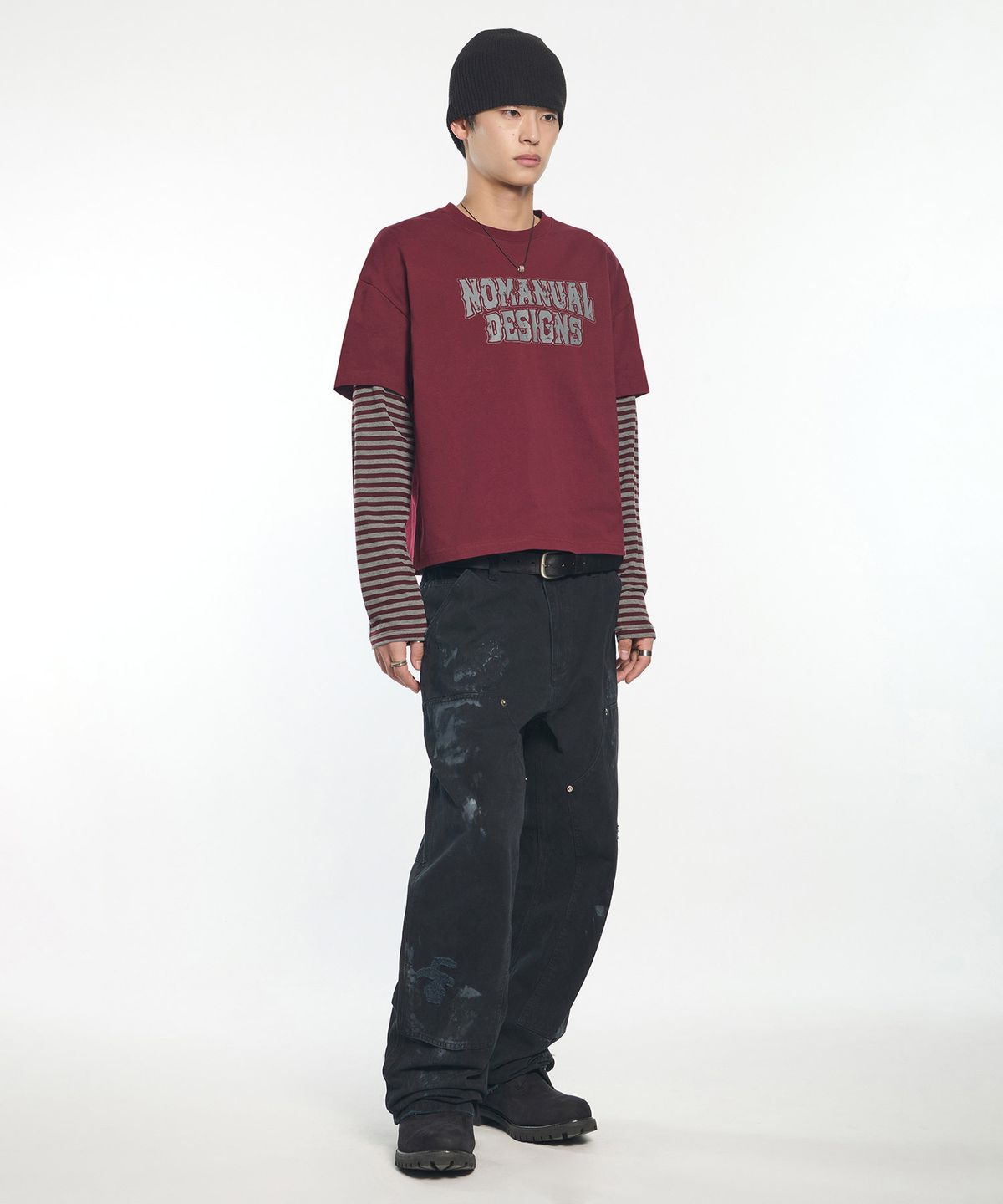 노매뉴얼(NOMANUAL) STRIPE LAYERED LONG SLEEVE TEE - WINE