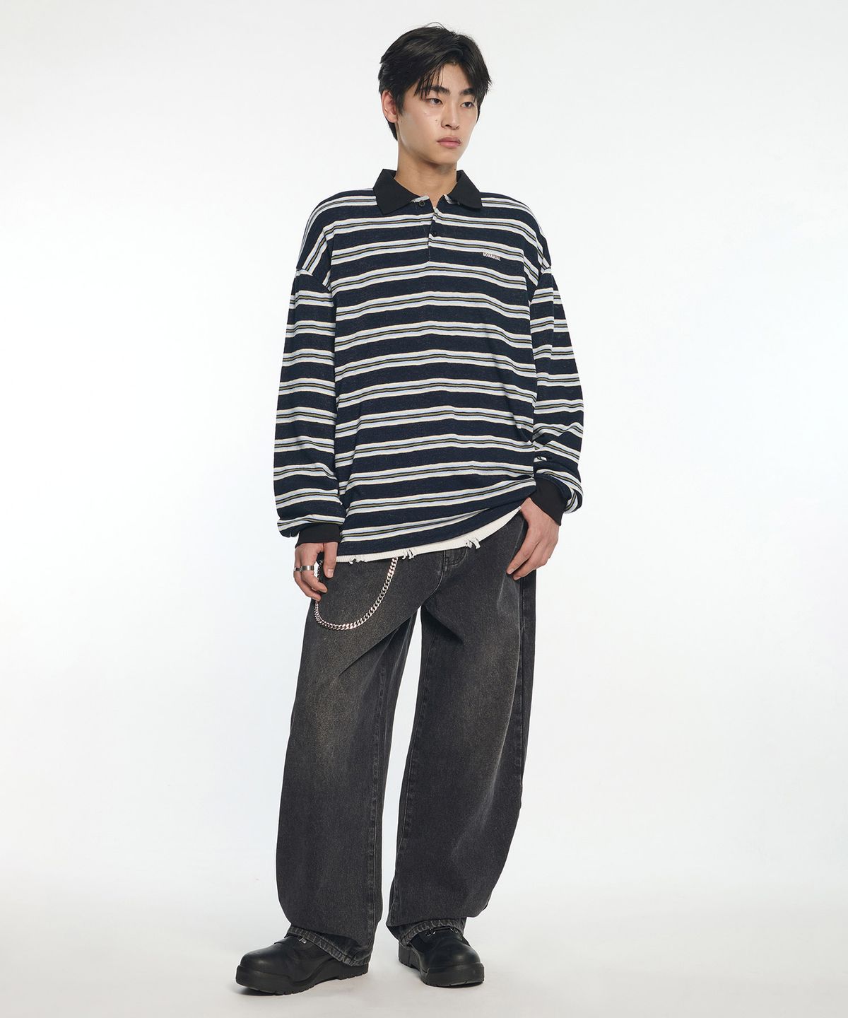 노매뉴얼(NOMANUAL) STRIPE POLO LONG SLEEVE TEE - DARK NAVY