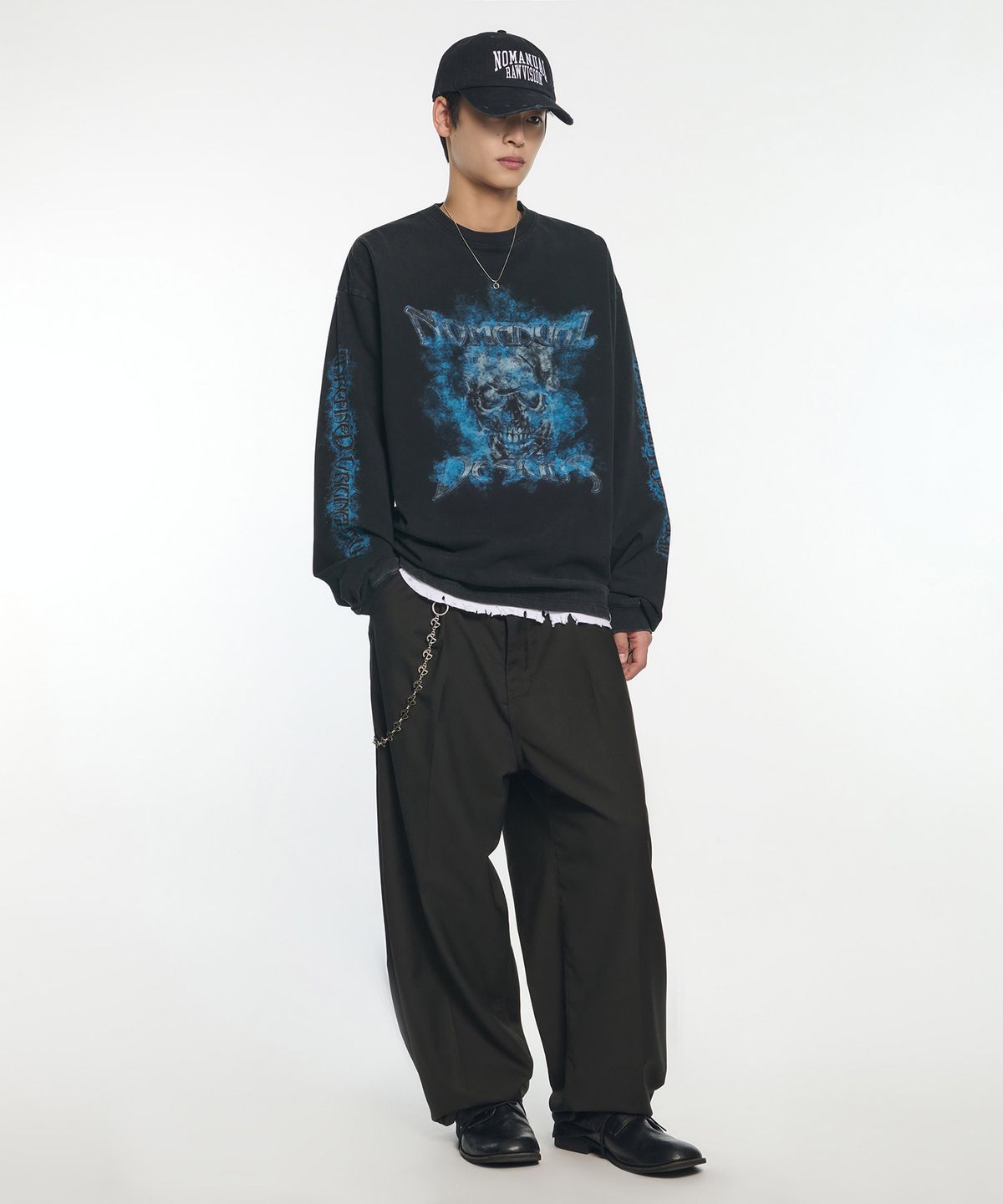노매뉴얼(NOMANUAL) FLAME SKULL LONG SLEEVE TEE - WASHED BLACK