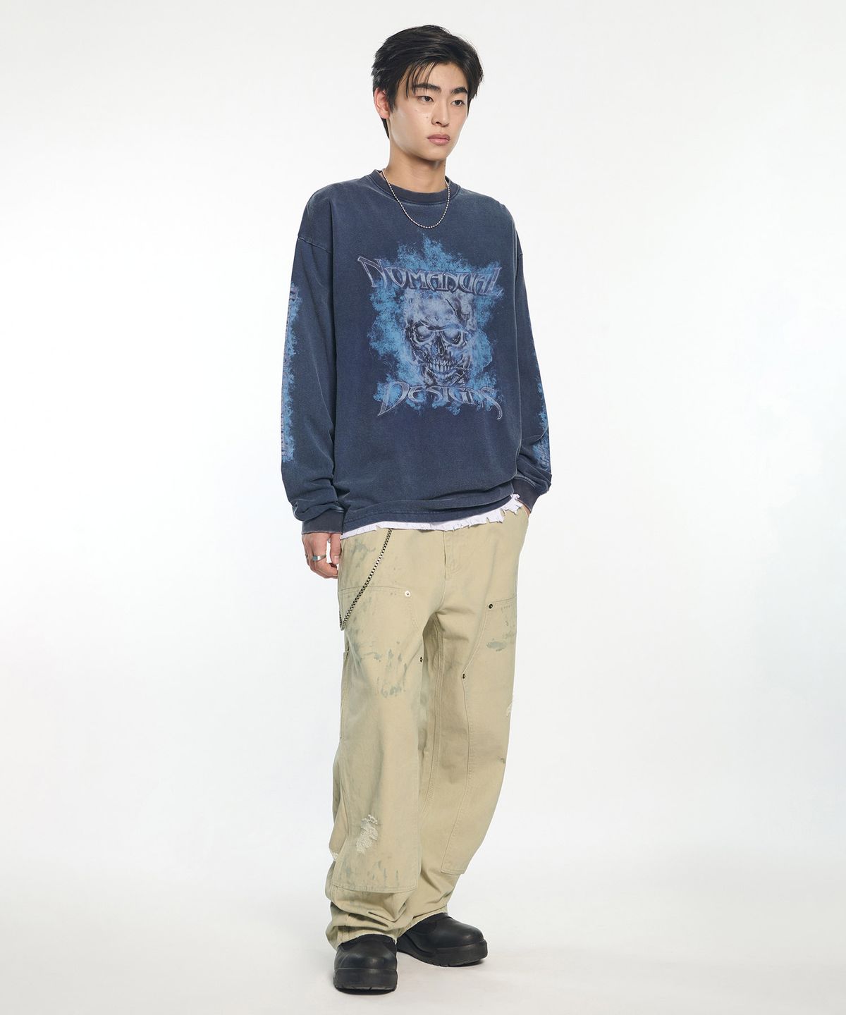 노매뉴얼(NOMANUAL) FLAME SKULL LONG SLEEVE TEE - WASHED NAVY