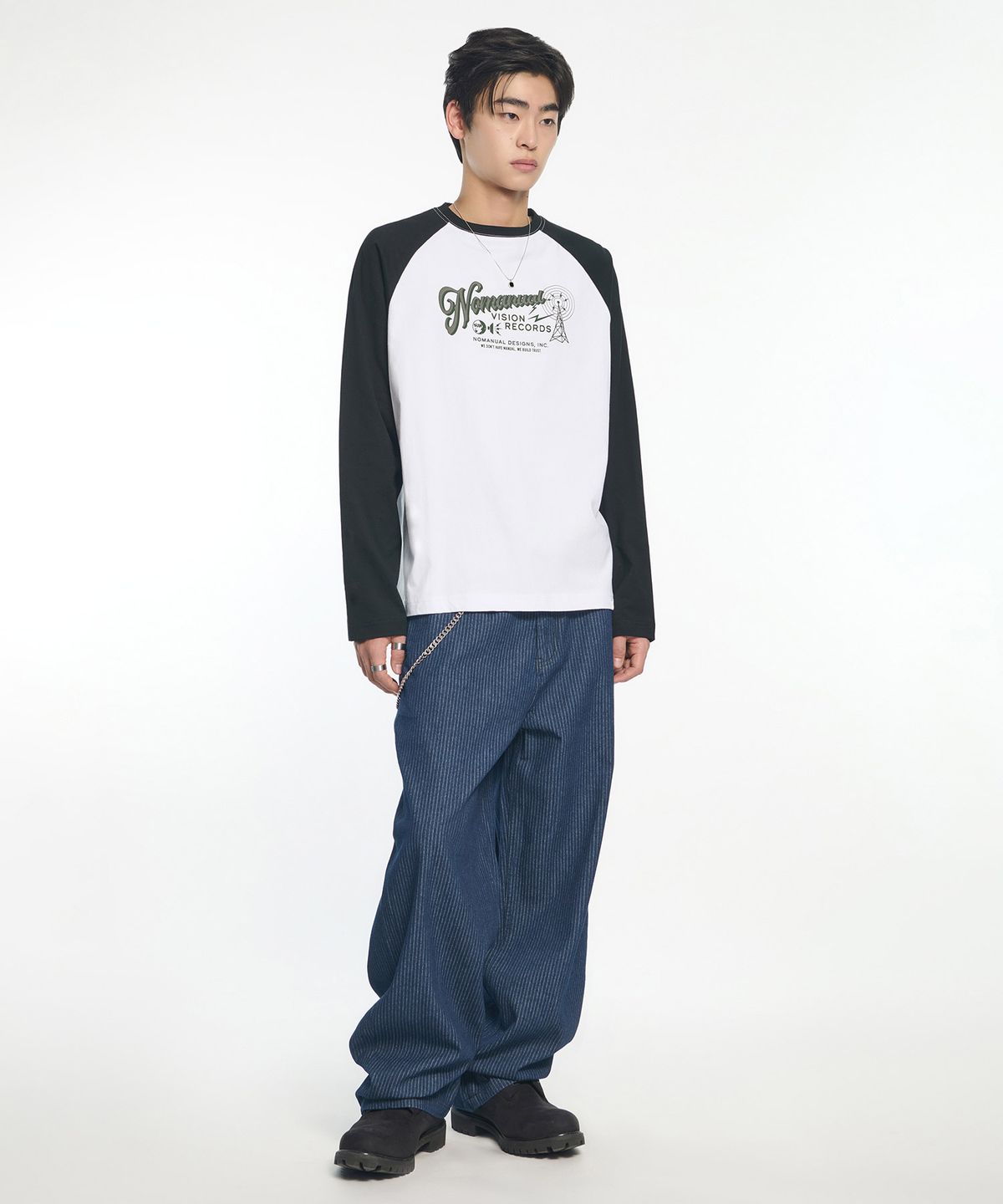 노매뉴얼(NOMANUAL) VISION RECORDS RAGLAN LONG SLEEVE TEE - BLACK