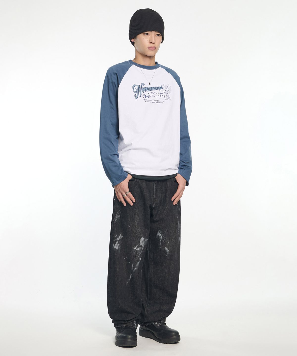 노매뉴얼(NOMANUAL) VISION RECORDS RAGLAN LONG SLEEVE TEE - NAVY