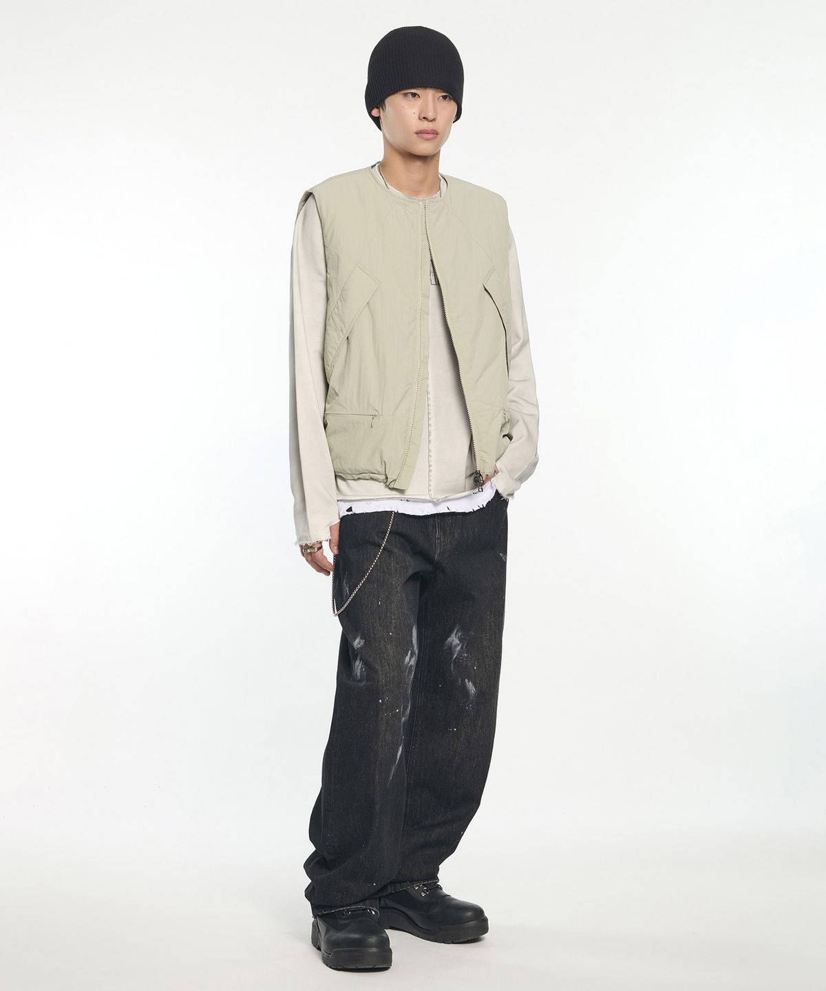 노매뉴얼(NOMANUAL) COLLARLESS PADDED VEST - LIGHT GRAY