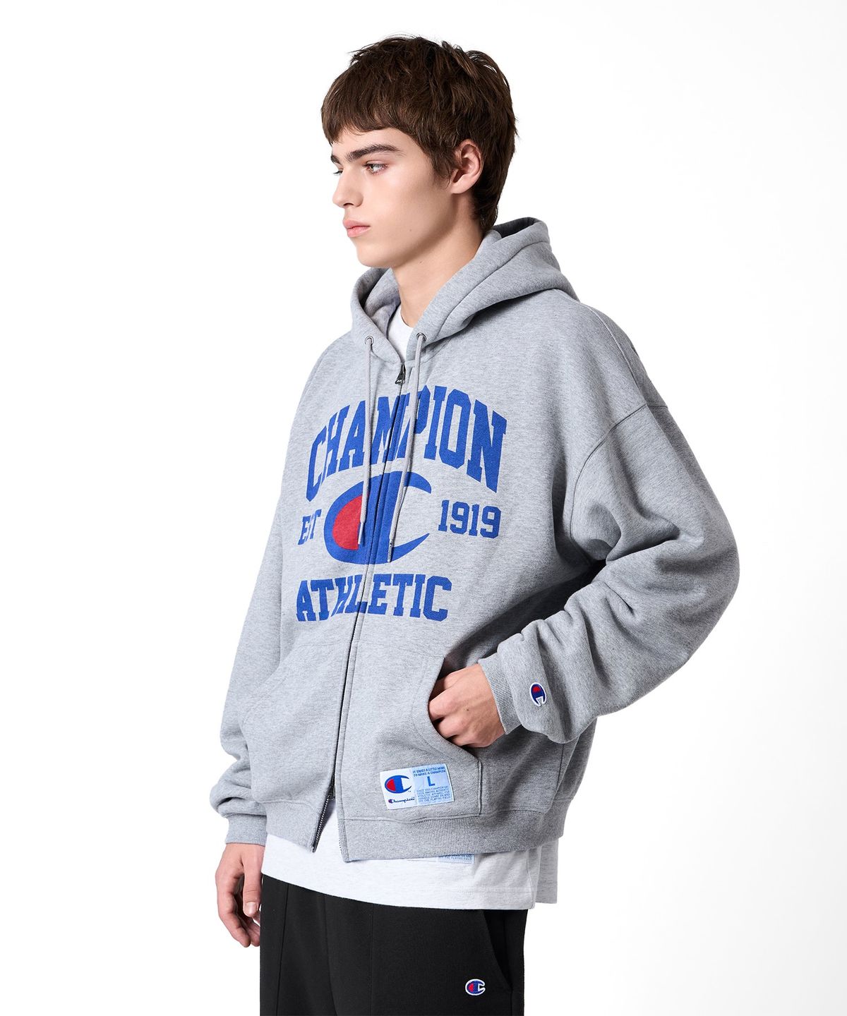 챔피온(CHAMPION) 로고 벌룬핏 기모 후드 집업 Medium Grey