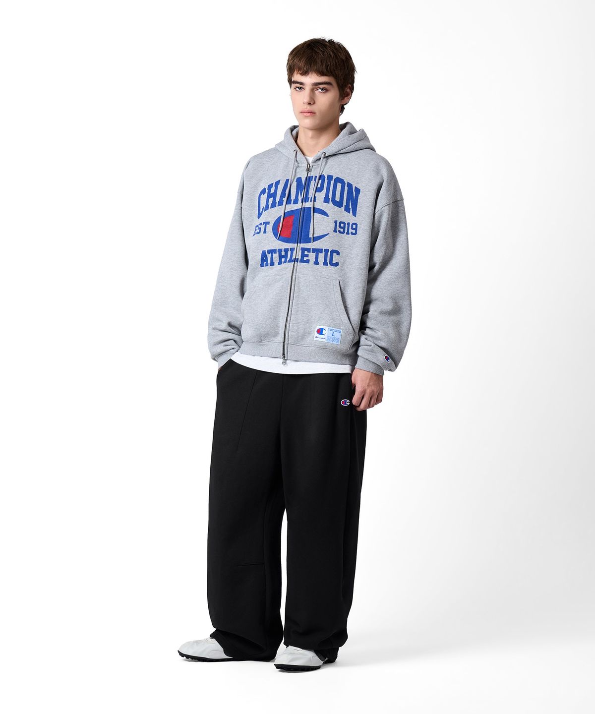 챔피온(CHAMPION) 로고 벌룬핏 기모 후드 집업 Medium Grey