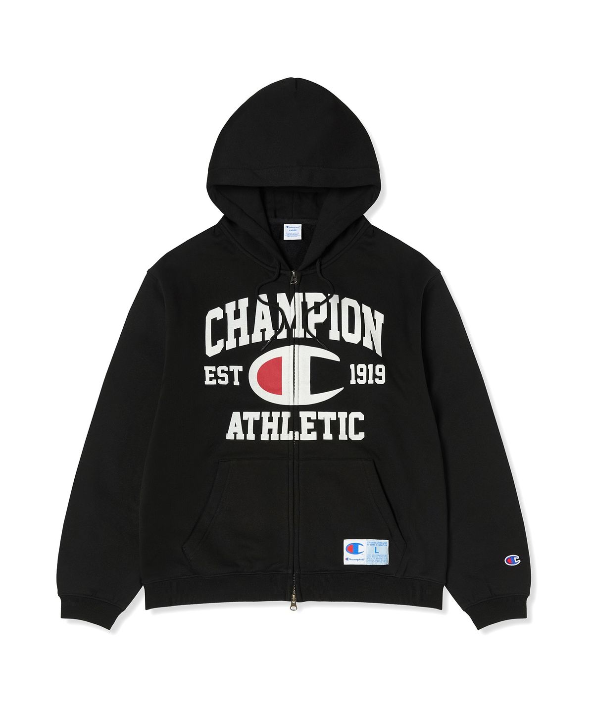 챔피온(CHAMPION) 로고 벌룬핏 기모 후드 집업 Black