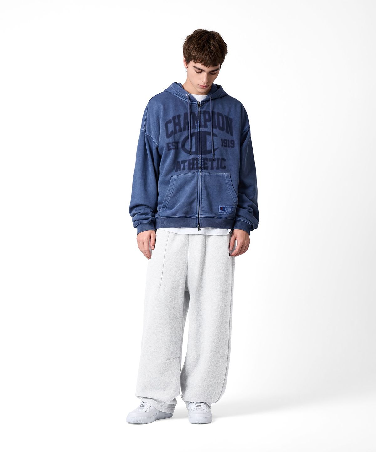 챔피온(CHAMPION) 로고 벌룬핏 다잉 후드 집업 Blue