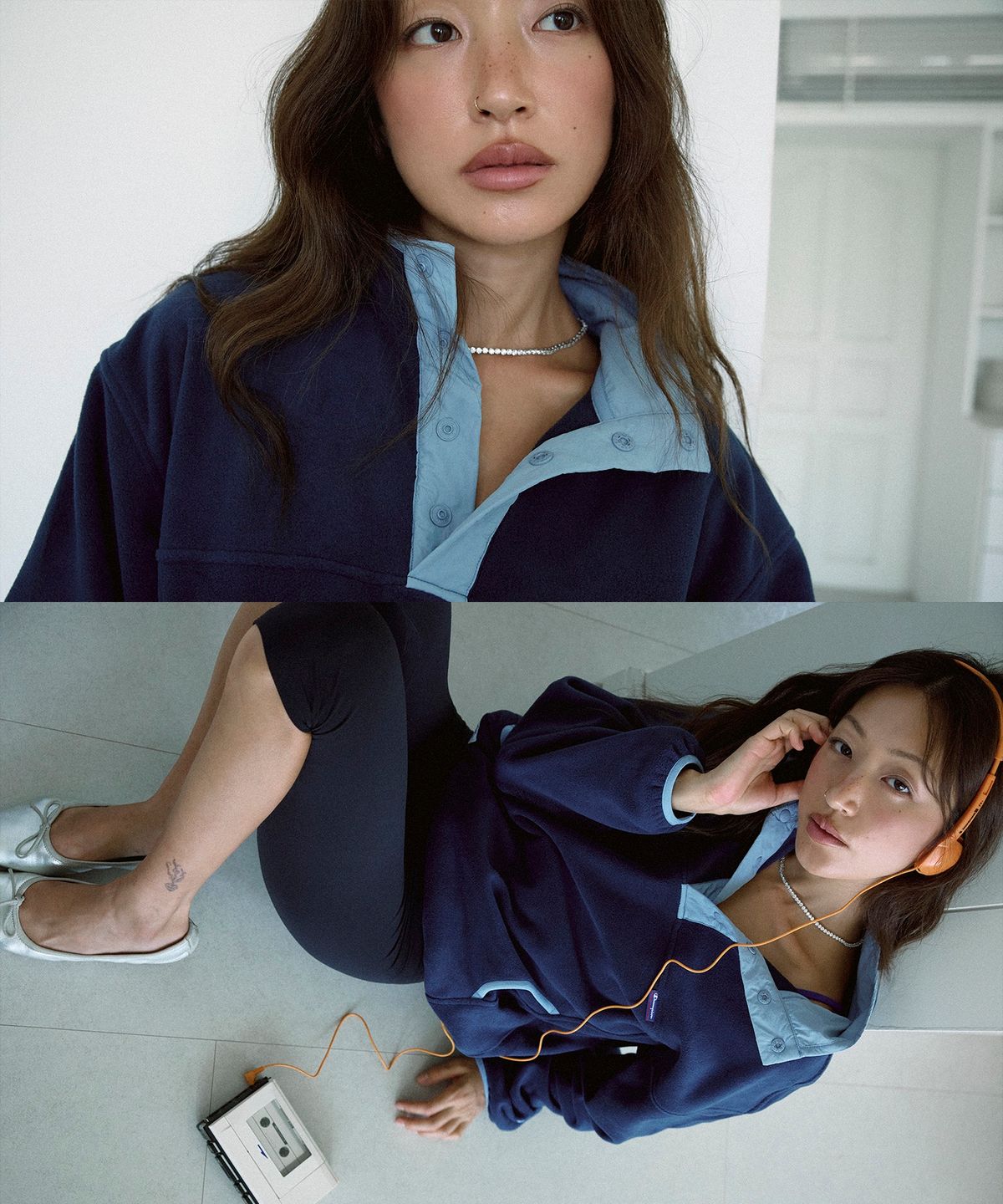 챔피온(CHAMPION) 폴라텍 컬러블록 플리스 아노락 Navy