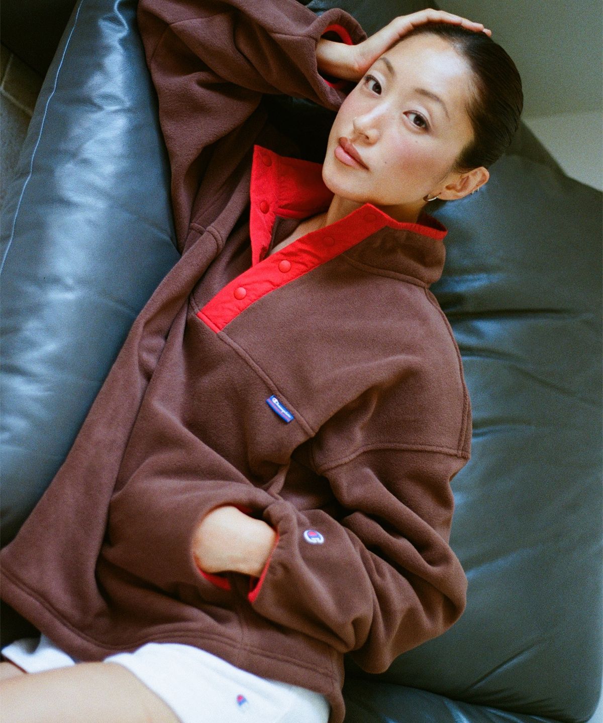 챔피온(CHAMPION) 폴라텍 컬러블록 플리스 아노락 Brown