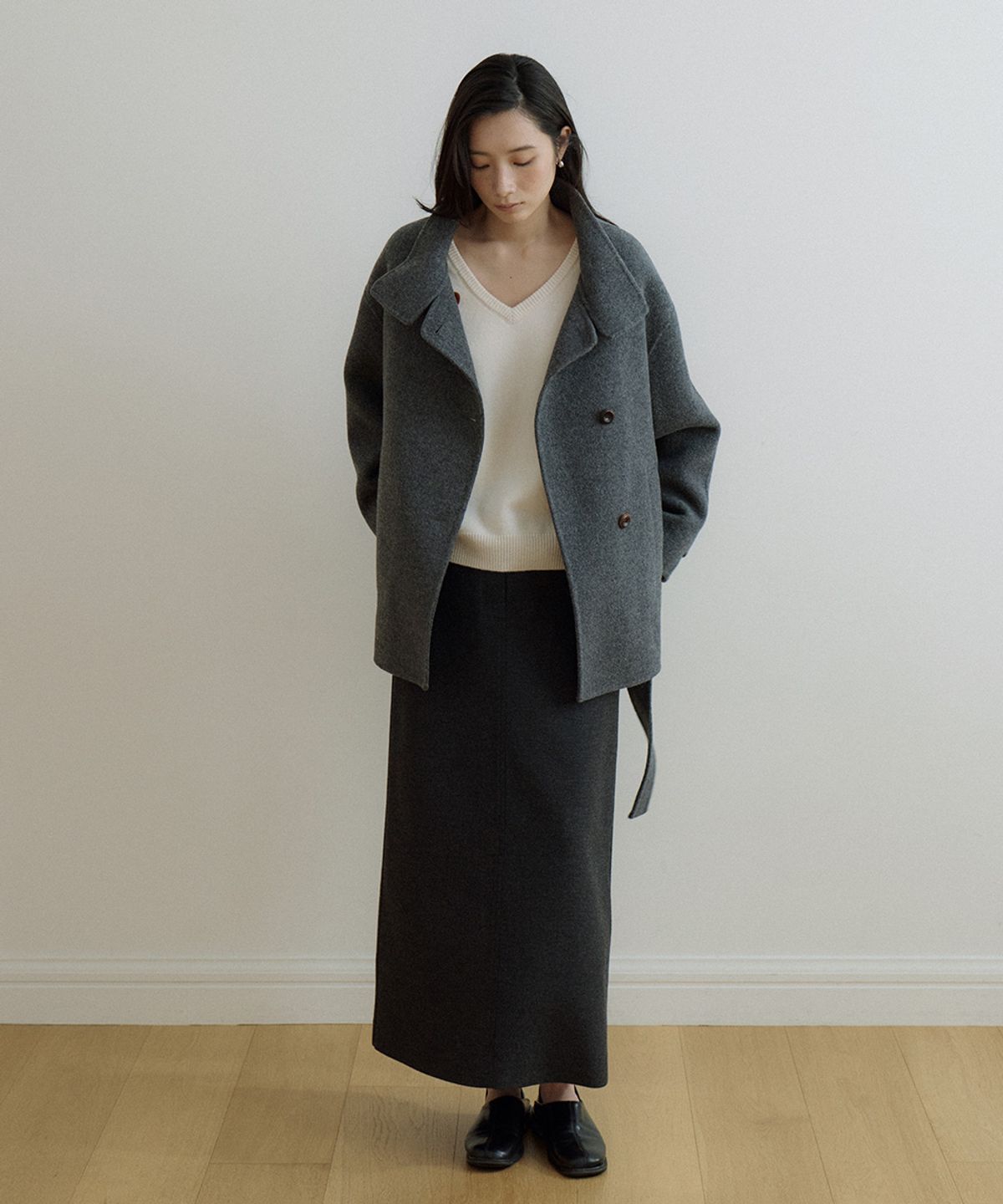 링서울(LINGSEOUL) wool twill H-line skirt-charcoal