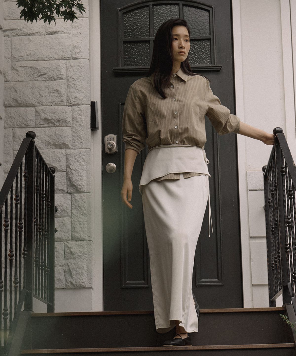 링서울(LINGSEOUL) wrap layered long skirt-beige